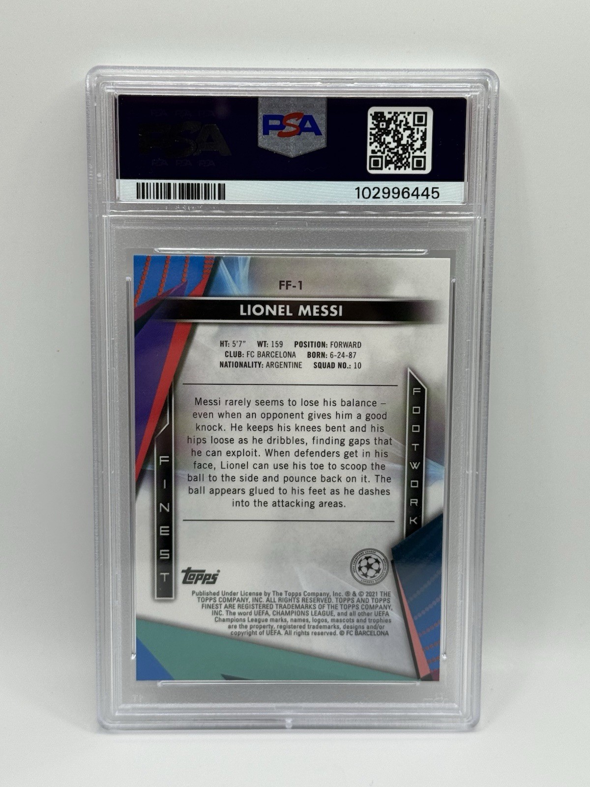 LIONEL MESSI PSA 10 Gem Mint 2020 TOPPS FINEST UCL #FF-1 FOOTWORK SP view 2