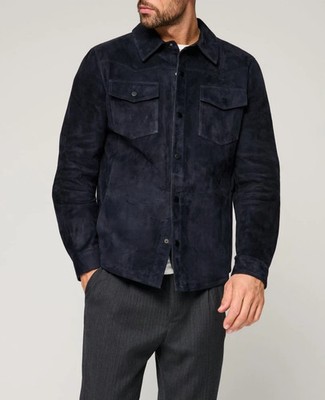 Men's Navy Blue Suede Leather Shirt 100% Lambskin Made To Measure Stylish Shirt