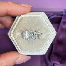 7Ct Radiant Cut Moissanite Three Stone Engagement Ring 14k White Gold Plated