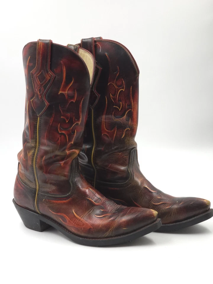 HOT AF! Bota de Vaquero Occidental Vintage Llamas Fuego Cuero Genuino W 11 M 9 INREAL Foto 2 de 4