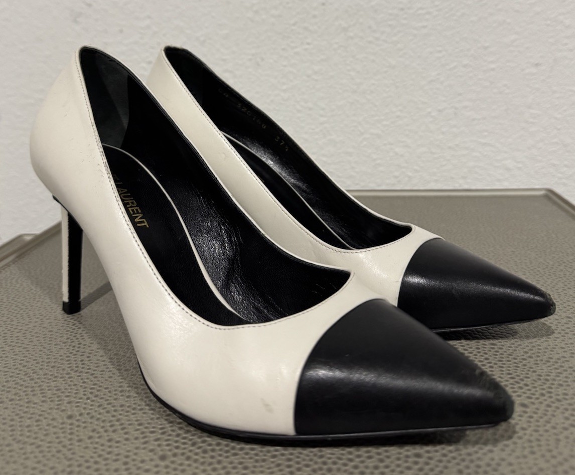 Saint Laurent bianco nero punta a cappuccio iconiche decolte tacco pelle donna 37 5 7 5