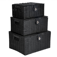 Resin Wicker Woven Storage Baskets Set of 3 Hamper Box with Lid