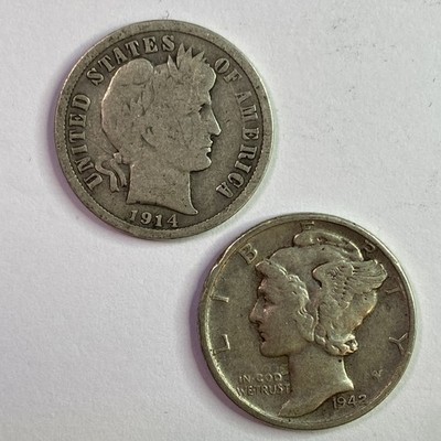 Two Silver Dimes, Barber Liberty Head And Mercury Dimes