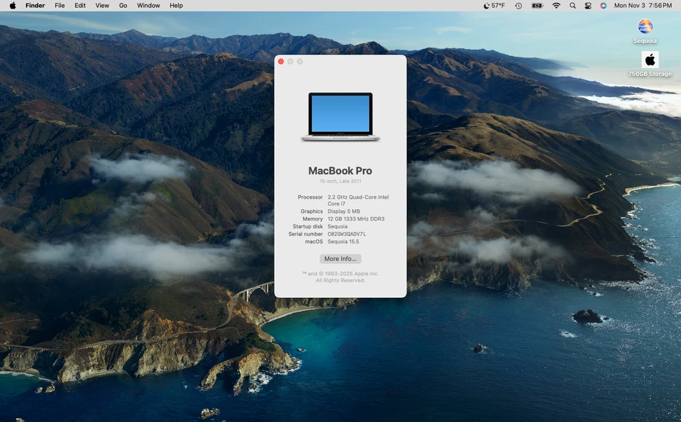 Excellent 2011 15.4 MacBook Pro 2.2GHz(3.3 Turbo) Quad-Core i7 12GB Dual SSD/HDD - Image 3 of 4
