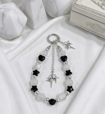 Black White Beaded Keychain with Stars Acrylic Resin Bag Charm Accessory