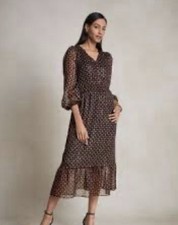 Talbots Metallic Medallion Smocked-Waist Tiered Midi Dress Fall Long Sleeve