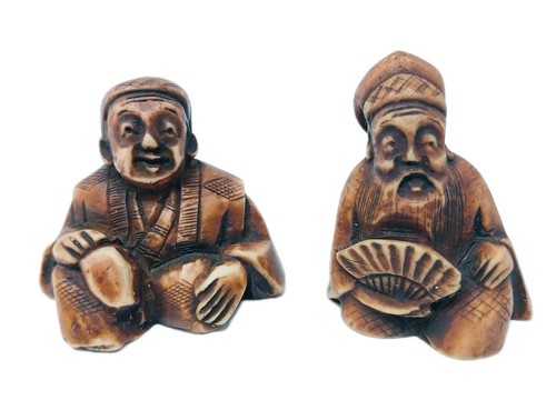 2 estatuillas Netsukes vintage japonesas talladas en resina