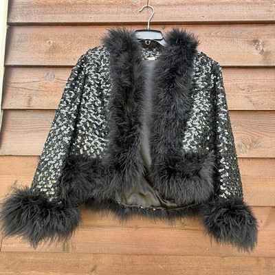 VTG 60s Black Sequined Marabou Feather Trim Open Front Jacket Glam Womens Sz S