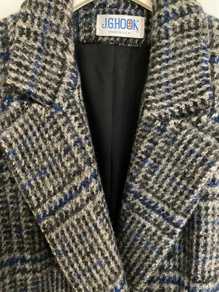 Abrigo JG Hook Vintage Para Mujer Gris Azul Cuadros 100% Lana Cuello Largo Foto 4 de 4