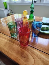 Set Of 6 Moroccan Style Colored Glass Gilt Tea Glasses Set. 