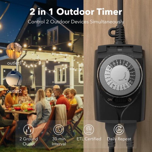 Outlet Timer, 24 Hour Mechanical Outdoor Timer for Pool Pump, Plug in Timer W... - Picture 2 of 8