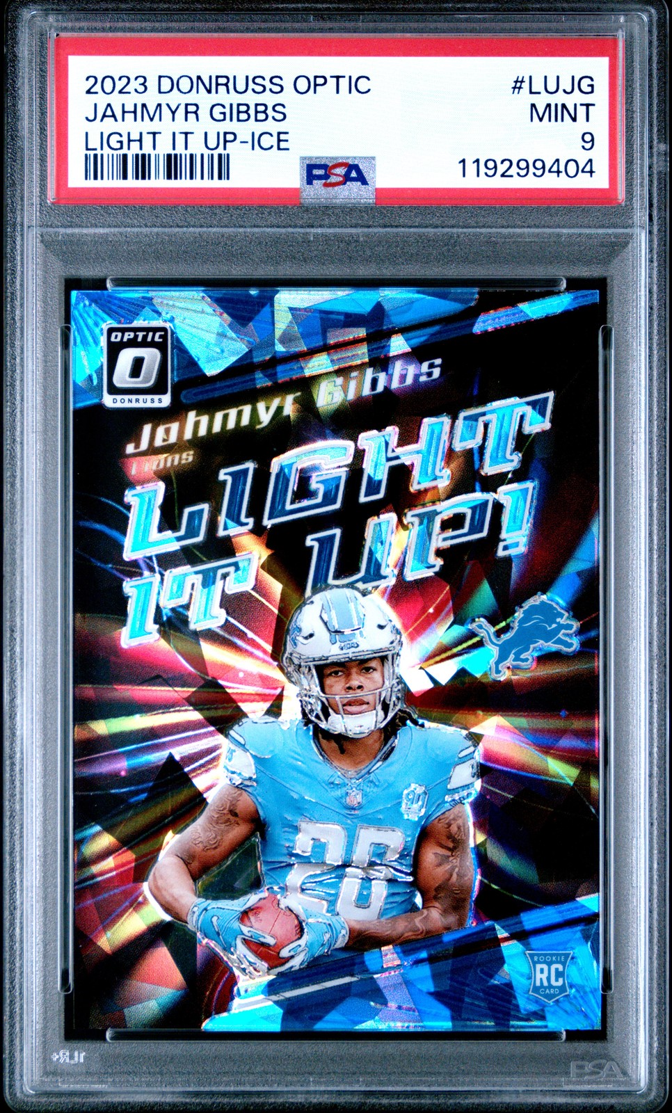 2023 PANINI DONRUSS OPTIC LIGHT IT UP ICE #LUJG JAHMYR GIBBS 4/15 PSA 9