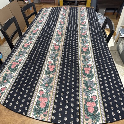 VTG Tablecloth Pink Floral Rose Navy Paisley 85  Sq Cottage Shabby Chic Boho