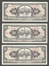 Ecuador 50 Sucres 5.9.1984; AU+; P-122a; BNB-B1843f; TDLR; Lot of 3 consecutives