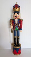 Vintage Christmas Decor Wooden Nutcracker King Large 25" Blue Red Green Sequins