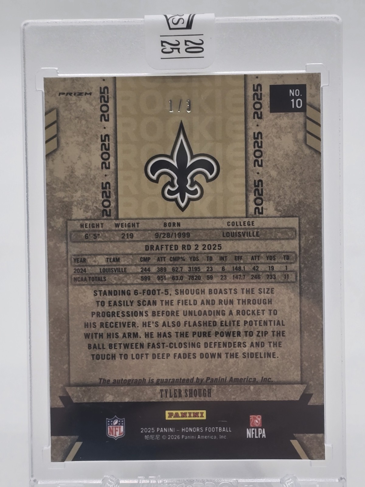 2025 Panini Honors Football - Tyler Shough - Gold Prizm # 1/3 Auto  WOW - Saints view 7