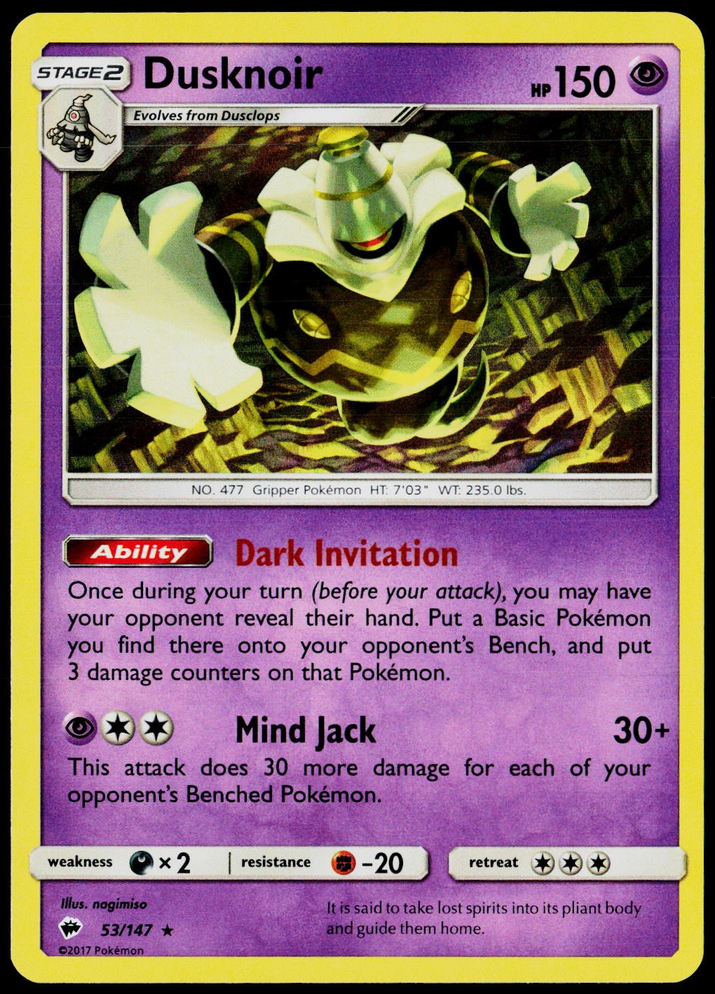 Dusknoir 53/147 Holo Rare Burning Shadows Pokemon Near Mint