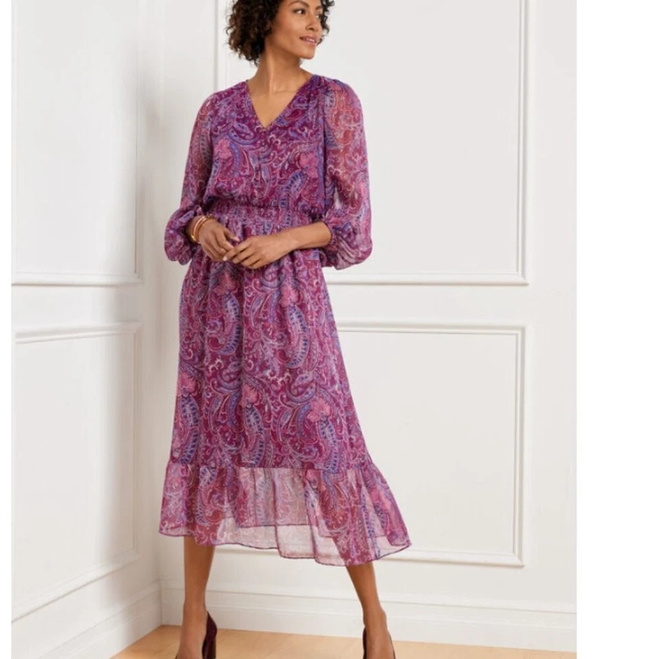 Vestido midi Talbots talla 16 púrpura cuello en V elegante ajuste y acampanado en cachemira metálica Foto 2 de 4