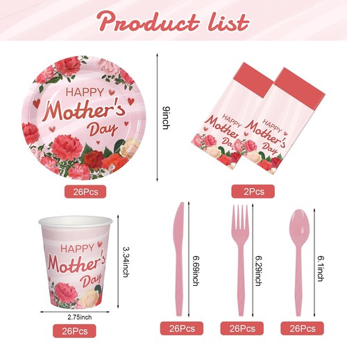 Mothers Day Decorations for Party132 Pcs Disposable Mothers Day Plates Tablec... - Picture 2 of 7