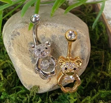 1pc CZ Gem Center Teddy Bear Belly Button Ring Pierced Navel Gold Plated Naval