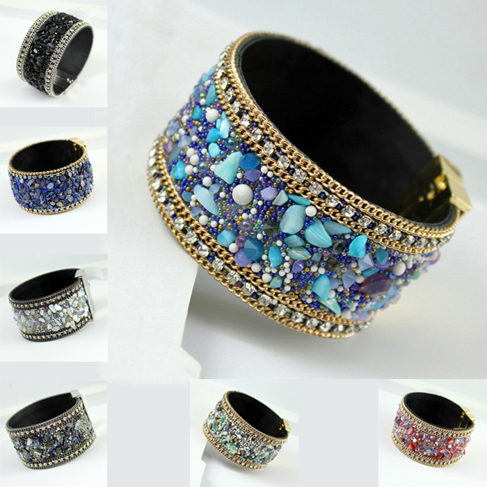 Bangle Bracelet Womens Jewelry, Magnetic clasp Leather Crystal Rhinestone Stones-image