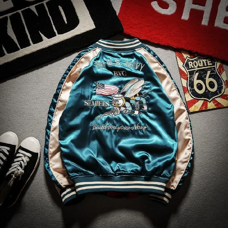 honeybee Womens Bomber Sukajan Satin Coat Embroidery Baseball Reversible Jacket - Image 4 of 4