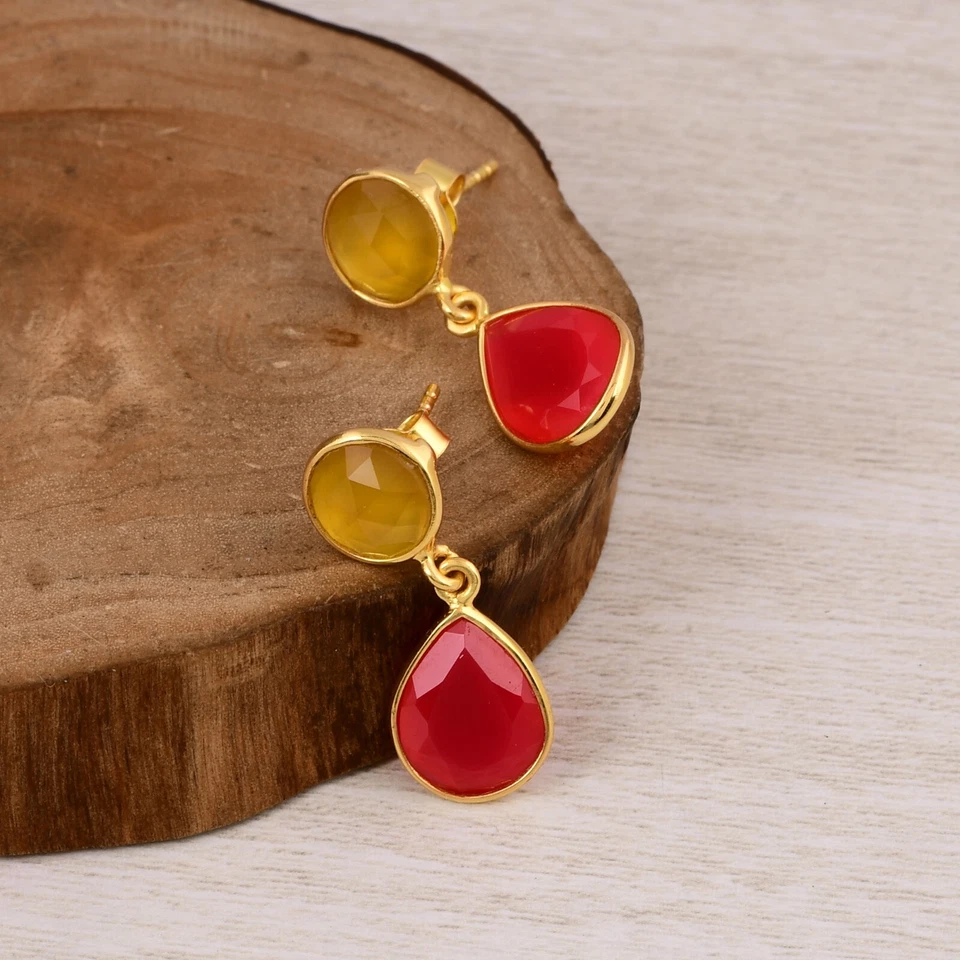 Pendientes colgantes de piedras preciosas naturales con pendientes de calcedonia rosa y amarilla Foto 2 de 4