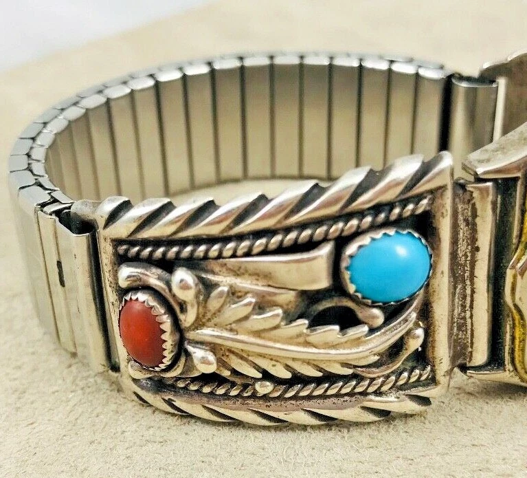 Puntas de reloj grandes Navajo Skyway Trading Co turquesa esterlina coral con reloj Foto 2 de 4