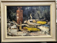 Oil painting still life with corn cob and jug illegibly signed 1971 frame