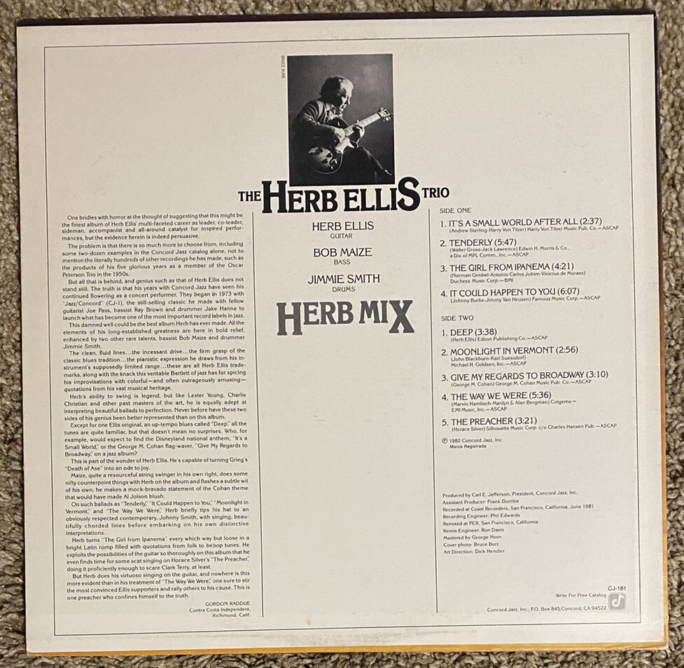 HERB ELLIS TRIO HERB MIX 1982 Concord Jazz CJ181 LP Vinyl Record