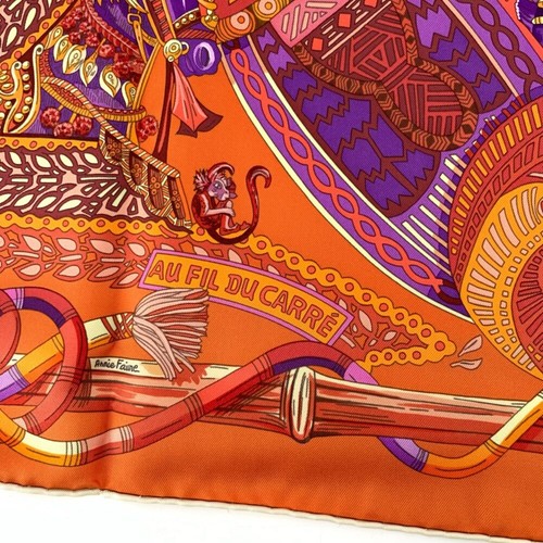 HERMES Scarf Carre 90cm AU FIL DU CARRE 100% Silk Orange Purple Multi R8379 - Picture 6 of 7