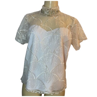 Y2K White Metallic Embellishment Tulle Blouse Elegant Top Coquette Size S/M