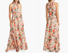 ELIZA J Pink Peach Floral Print Halter Belted Tie Waist Chiffon Maxi Dress 10 M
