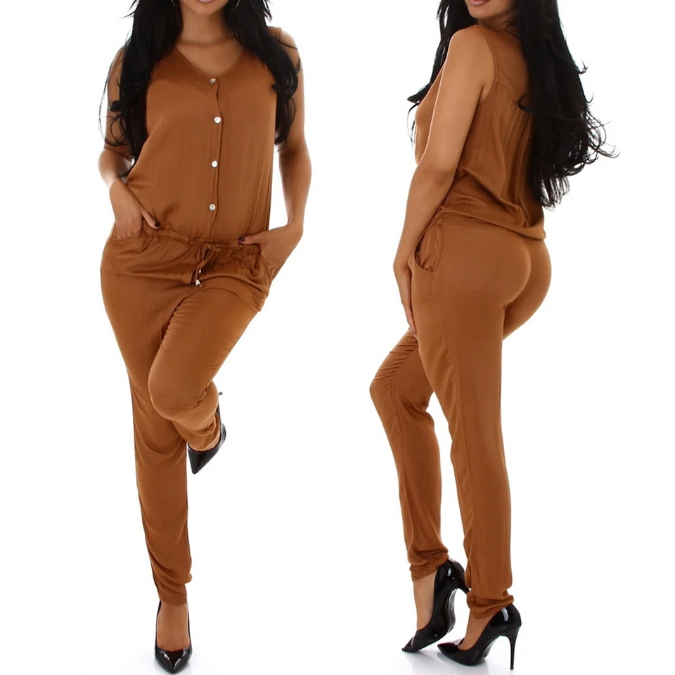 Donna Spalline Overall Scollo V Lucido Satinato Knofpleiste Estate Elegante Sexy - Immagine 3 di 4