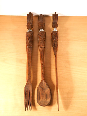 Vintage handgefertigtes Holz Besteck afrikanisches Set Löffel Gabel und Messer 16'' 41 cm