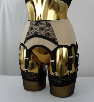 Großer 14 Riemen Gold Lycra Schwarz Bogen Spitze Designer Retro Style Strapsgürtel