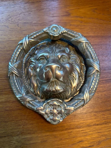 Brass Lion Head Door Knocker Solid Heavy Hinged Vintage Antique Style Patina 8"