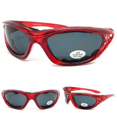 Women's MOTORCYCLE Riding Padded Safety Protective SUN GLASSES GOGGLES Red Frame