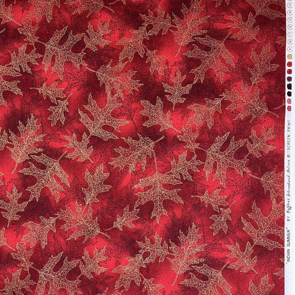 Hoffman International Indian Summer Fabric Gold Leaves on Red 1 YARD 100% Cotton - Image 3 of 4