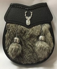 Child's Kilt Sporran Grey Rabbit Fur Stag Head/Kids Sporran Leather/Baby Sporran