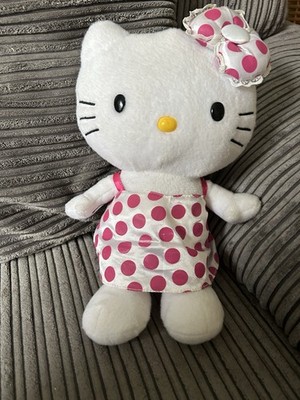 Hello Kitty Katze Sanrio weißes Kleid rosa gepunktet Plüschtier Kuscheltier