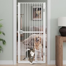 White 61" Extra Tall Cat Gate for Doorway Adjustable Wide 30.2"-32.6" Dog Door