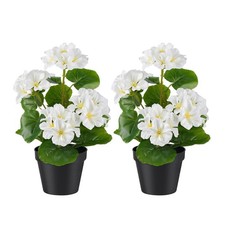 Artificial Potted Geranium Flowers 13" Small Plants White 2 Pack Set
