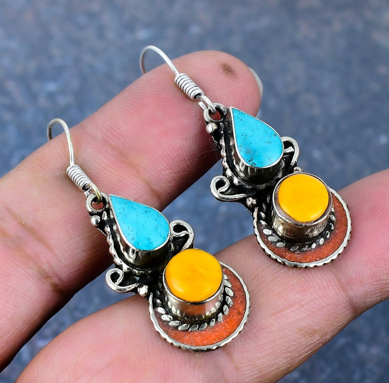 Pendientes de plata 925 hechos a mano con piedras preciosas de turquesa y coral azul joyería nepalí