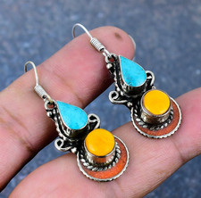 Blue Turquoise & Coral Gemstone 925 Silver Earrings Handmade Nepali Jewelry