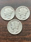 1942 p/d/s silver mercury dimes 3 very fine coins .. pluse a surprise