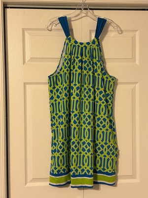 MUD PIE Sz L Blue & Lime Green Geometric Print Sleeveless Halter Dress Back Tie