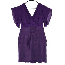 Adrianna Papell Silk Midi Dress 6 Women Purple Layers Tiered Flutter Sleeves