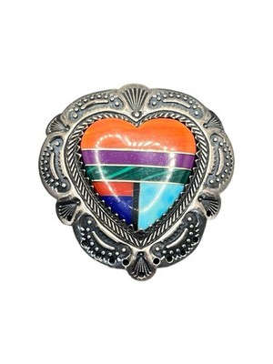 Q.T. Carolyn Pollack sterling silver colorful stone inlay heart brooch pin 