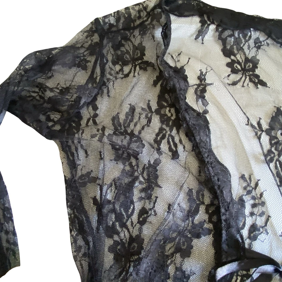 Black Sheer Floral Lace Robe Duster Tie Front Cover Up XL Boudoir Romantic Goth - Image 3 of 4